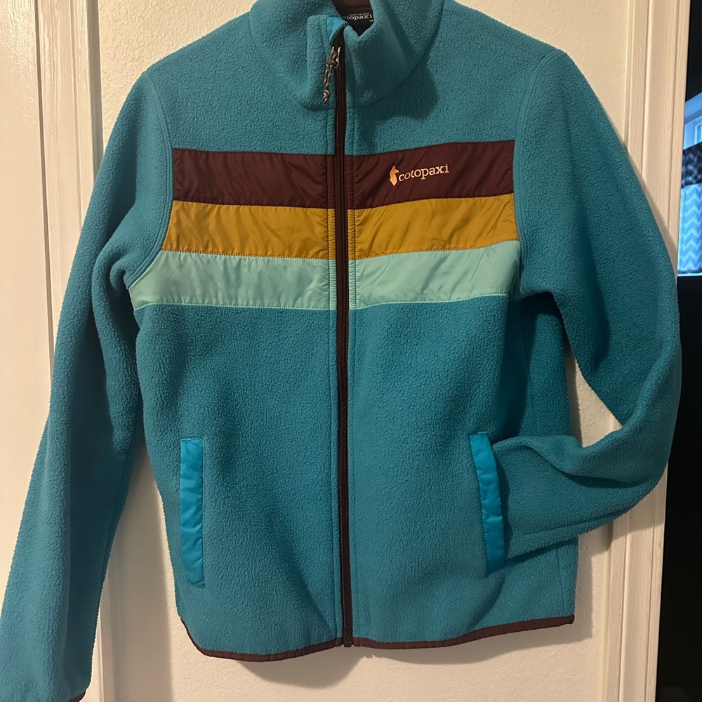 cotopaxi Teal Fleece Jacket with Mustard & Aqua Stripe Accents
